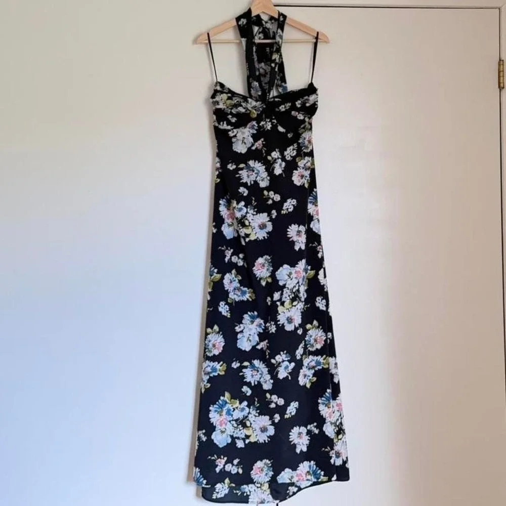 Black Floral Maxi Dress Halter Neck Cottagecore Vintage Style M